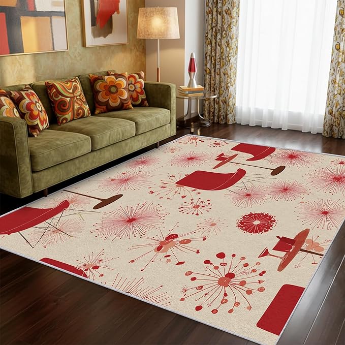 50s Retro Rug 6x8 60s 70s Mid Century Modern Pattern Area Rugs for Living Room, Bedroom, 50s Retro Home Decor Accessories Indoor Carpet, Non Slip & Machine Washable