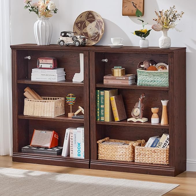 43" Walnut Tall Bookshelf Set of 3,3-Tier Thick Wooden Book Shelf with Adjustable Shelves,Free Standing Farmhouse Bookcase with Open Display Storage,Floor Vintage Bookshelves for Living Room