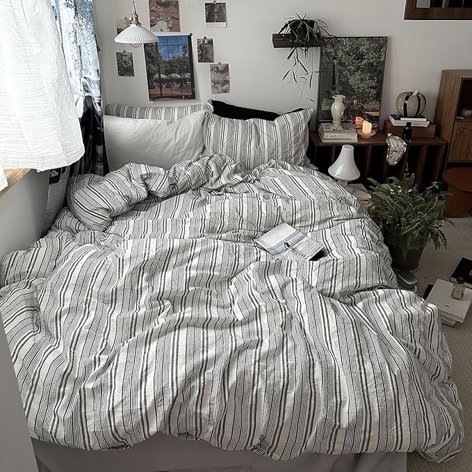 mixinni Vintage Gray & White Striped Duvet Cover Set - 3 Piece 100% Washed Cotton Full Size Bedding | Minimalist Gender-Neutral Design | Ultra-Soft Breathable, with Zipper Closure & Corner Ties