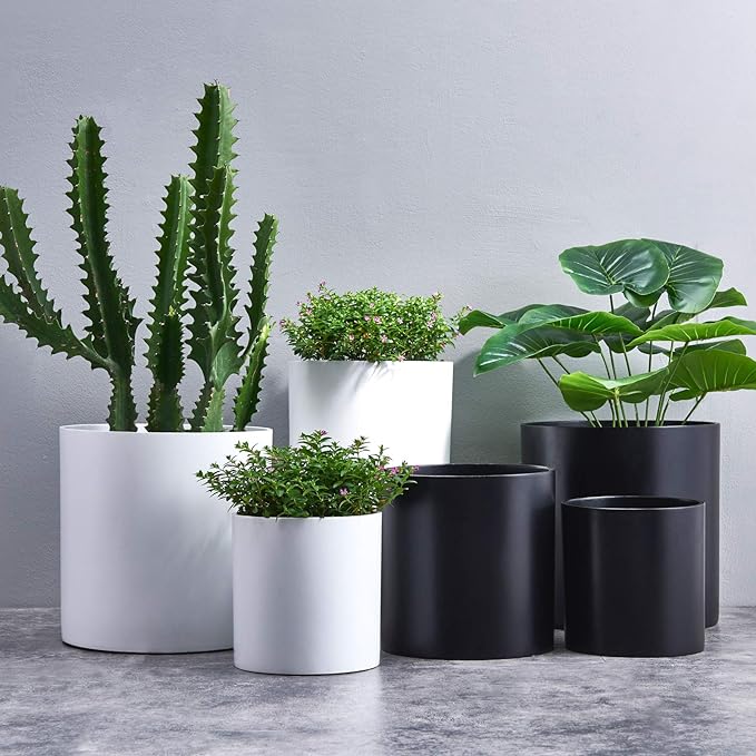 FaithLand 12 Inch Fiberstone Planter - Lightweight Modern Cylinder Plant Pot with Drainage Hole & Plug, Indoor Outdoor Use, Matte Black