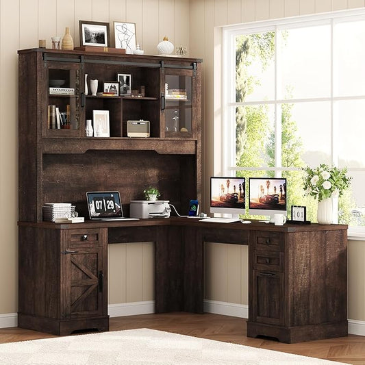 Squireewo 68.9'' Farmhouse L Shaped Desk with Hutch and Drawers, 76" High Wood Executive Home Office Desk with Charging Station, File Drawer and Cabinet, Computer Corner Desk with Sliding Doors, Brown