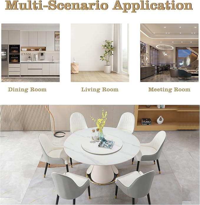 59'' Round Marble Dining Table Set with 6 Chairs for 6-8, Kitchen Table, Dining Room Table Set Petal Pu Leather & Metal Base