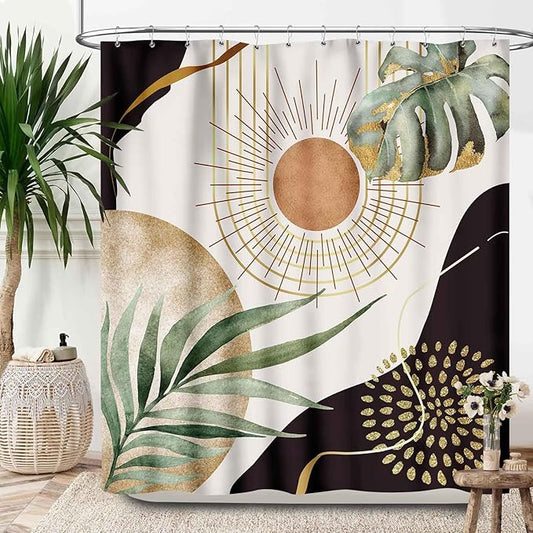 Abstract Mid Century Bathroom Shower Curtain,Modern Plam Leaf Palm Neutral Minimalist Brown Leaves Bathroom Curtain Waterproof Fabric Machine Washable with Hooks,72x78Inch