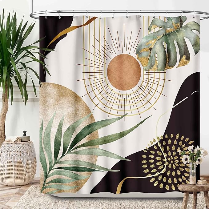Abstract Mid Century Bathroom Shower Curtain,Modern Plam Leaf Palm Neutral Minimalist Brown Leaves Bathroom Curtain Waterproof Fabric Machine Washable with Hooks,72x84Inch