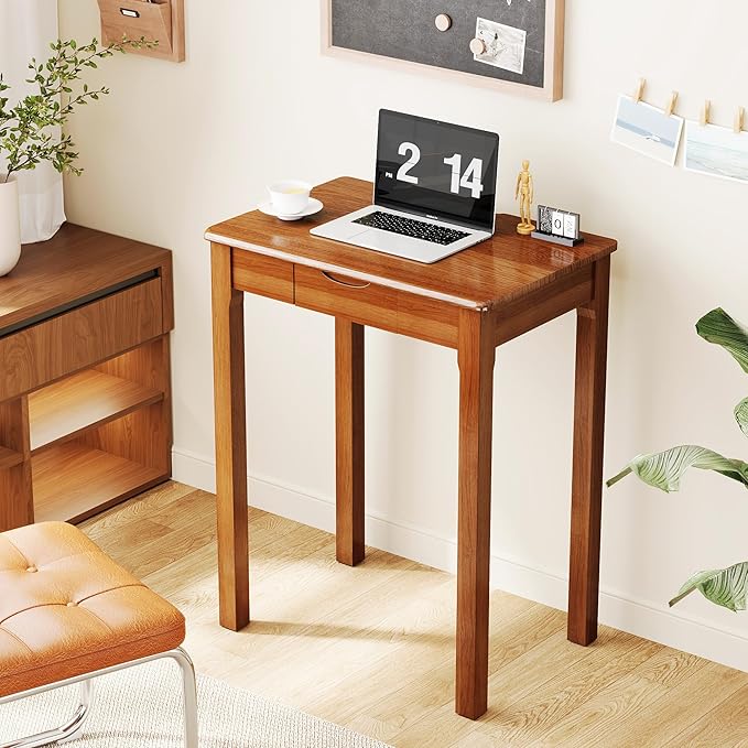 Wood Desk with Drawers - Solid Wood Mid Century Modern Desks for Bedroom, Small Computer Desk for Laptop, Study, Makeup, 23.6 W x 29.5 H x 15.7 D in, Walnut Color