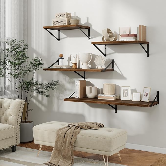 Floating Shelves, 12 Inch Deep Rustic Wood Wall Storage, 36W x 12D Wall Shelves Set of 2, Heavy Duty Metal Brackets, Large Industrial Book Shelf for Living Room, Kitchen, Bedroom, Walnut