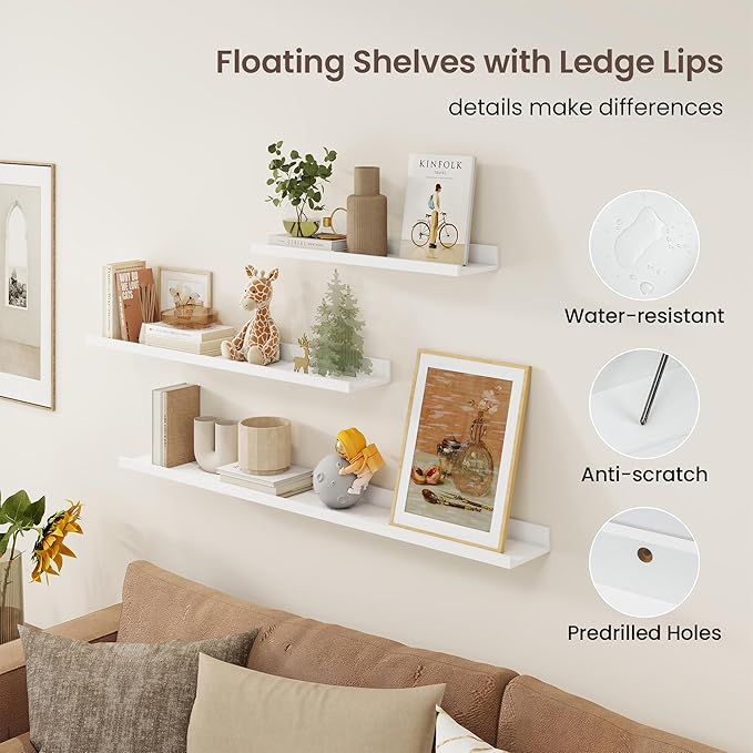 Axeman 36 Inch Floating Shelves | White Picture Ledge Shelf Set of 3 | Rustic Wood Wall Shelves with Lip | 36" White Picture Shelf for Wall with Ledge | Photo Shelves