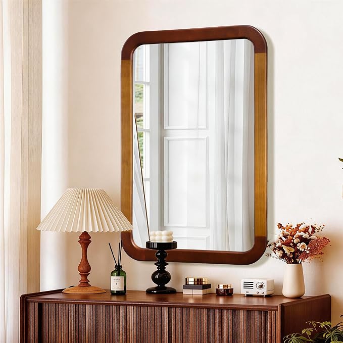 Bathroom Mirror 24 x 36 Inch,Brown Wood Rustic Rectangle Tempered Wall Mirror with Wood Frame,Round Corner Farmhouse Wooden Vanity Mirror for Living Room,Entryway or Bedroom（Walnut Brown）