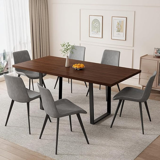 ZckyCine 67" Expandable Walnut Dining Table and 6 Upholstered Chairs, 7-Piece Dining Room Furniture Set, Mid-Century Modern Style for Home, Dining Room and Kitchen