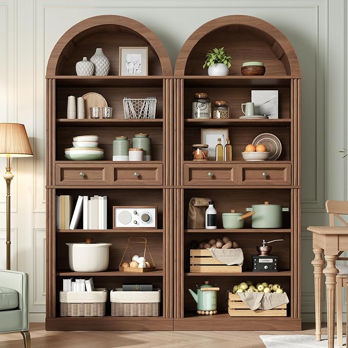RALGEND Arched Bookshelf Set of 2, 73" Tall Arch Bookcase with Drawer, 6-Tier Farmhouse Book Shelf, Wooden Bookshelf with Open Display Shelves for Living Room, Office, Walnut