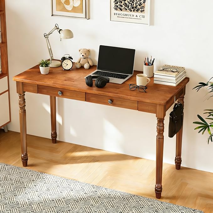 100% Solid Wooden Desk with Drawers - 47.2” Mid Century Modern Desk with 2 Hooks, Vintage Writing Desk with Drawers, Simple Work Study Table for Bedroom & Home Office - Walnut Color