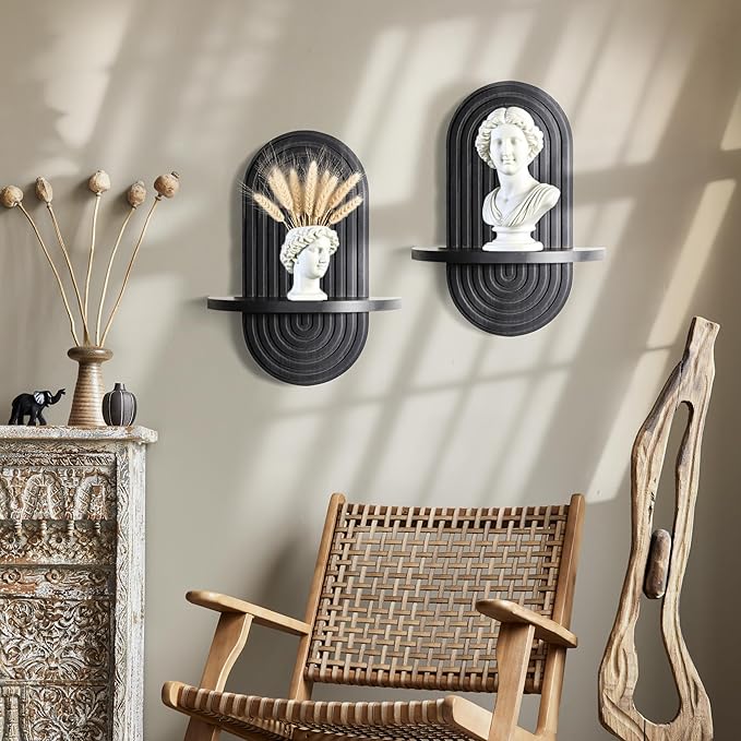 Set of 2 Boho Arched Floating Shelves 15.7”x 7.8”3D Wooden Hanging Shelf for Living Room Bedroom Nursery Mid Century Modern Wall Decor(Black, 11.7 * 15.7)