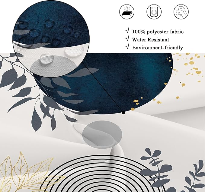 Riyidecor Extra Wide Boho Navy Blue Shower Curtain for Bathroom Decor 54Wx78H Short Plants Abstract Boho Modern Mid Century Art Printed Fabric Polyester Waterproof 12 Pack Plastic Hooks