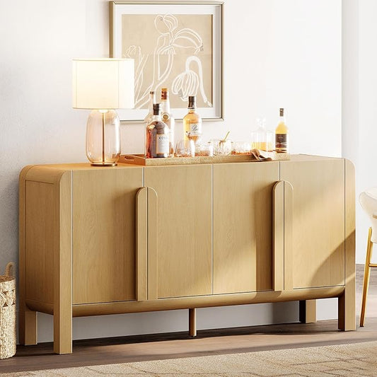 WAMPAT 63" Wide Large Buffet Sideboard Cabinet with Storages, Modern Buffet Table Coffee Bar Wine Bar Storage Curved Cabinet with 4 Doors for Dining Room, Living Room, Kitchen,Oak