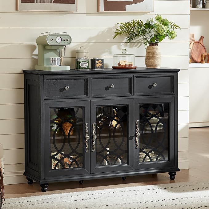 Large Sideboard Buffet Cabinet with Storage,48" Credenza with 3 Glass Doors & 3 Drawers,Adjustable Shelves Coffee Bar,Wood Kitchen Console Table for Dining Room,Living Room,Black
