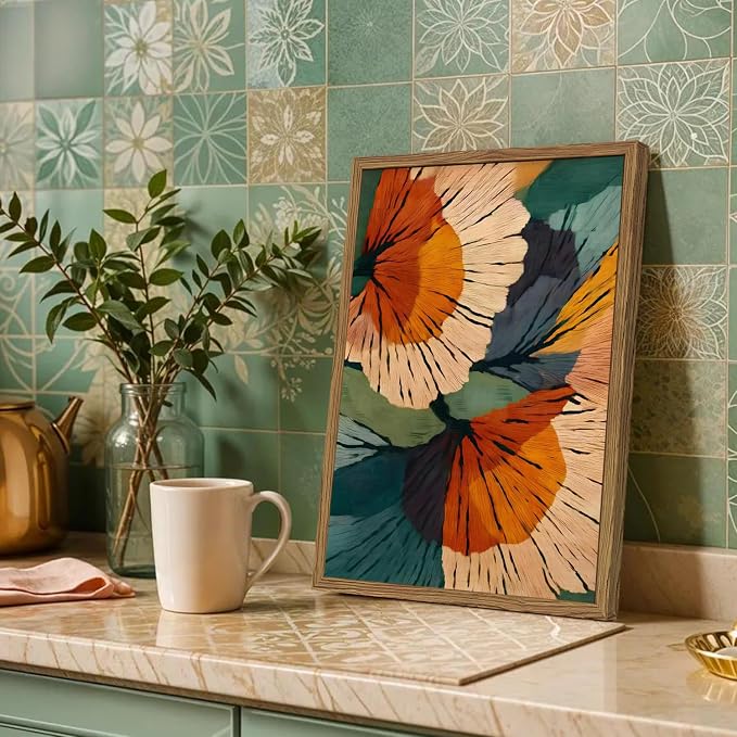 Framed Abstract Floral Wall Art, Boho Vintage Flower Pictures Wall Decor, Mid Century Modern Botanical Paintings Canvas Prints for Living Room Bedroom Office 16x24 inch