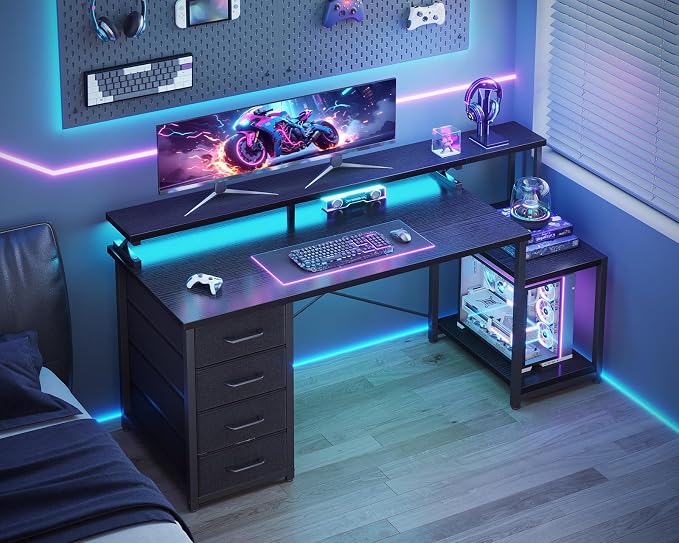ODK 55 Inch Computer Desk with 4 Drawers, Office Desk with LED Lights and Storage Shelves, Large Writing Study Table for Home, Bedroom, Study or Gaming Setup, Black