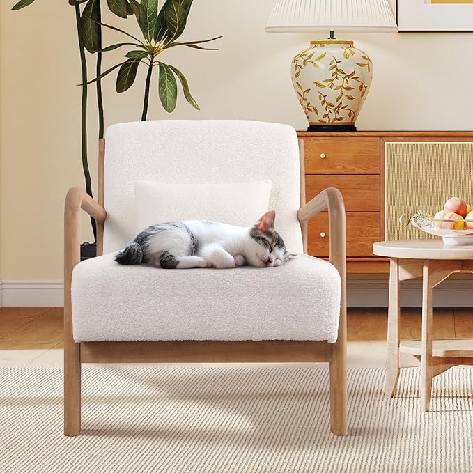 ANJ Mid Century Modern Accent Chair Set of 2, Single Fabric Lounge Reading Armchair with Solid Wood Frame, Easy Assembly Arm Chairs for Living Room, White