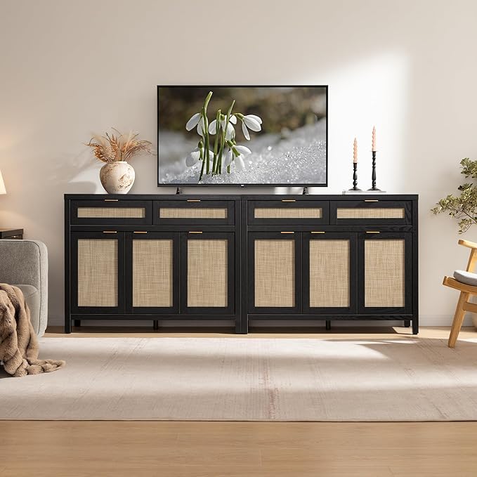 SICOTAS Rattan Sideboard Buffet Cabinet with Storage, Boho Credenza Accent Cabinet with 3 Doors and 2 Drawers, Farmhouse Console Coffee Bar Cabinets for Living Room Kitchen Entryway, Black Oak, 2 PCS