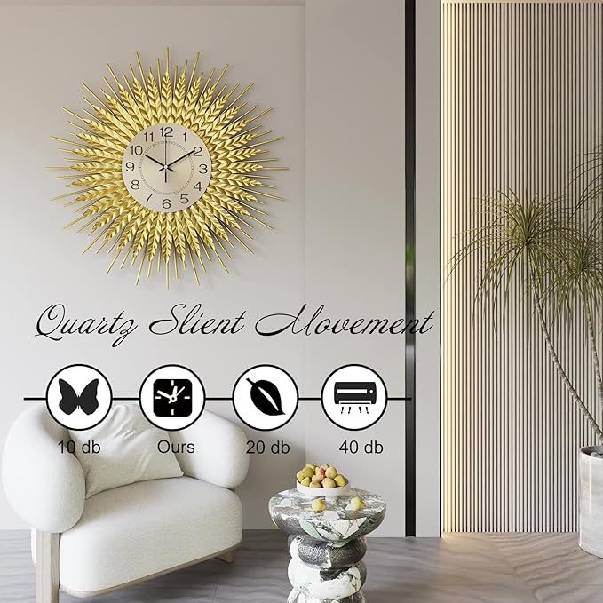 Modern Large Wall Clock Decorative Metal Mid Century Wall Clocks, Gold Big Silent Non-Ticking Clock, Modern Handmade Home Art Decor for Living Room, Bedroom, Dining Room, 24 Inch