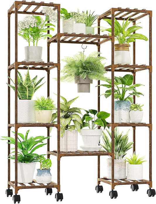 GENTINGBRO Plant Stand with Wheels Outdoor Indoor Hanging Plant Shelf for Multiple Plants Tall Large Holder for Living Room Patio Balcony Garden Corner Mobile