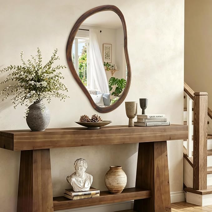 35"x24" Wood Bathroom Mirror Wall Mounted, Dark Walnut Irregular Wall Mirror, Rustic Farmhouse Vanity Mirror for Bedroom Living Room Bathroom Entryway, Horizontal/Vertical