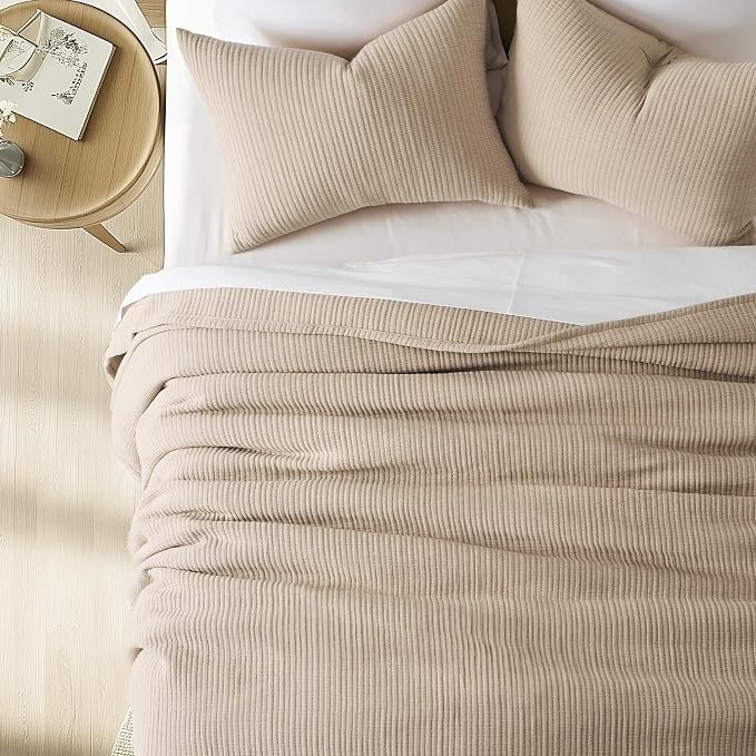 EVERGRACEHOME Cotton Gauze Full Queen Bedspread, Ultra Soft Prewashed Pick Stitch Matelassé Coverlet, Lightweight Textured Oversized Queen Quilt Bedding Set for All Season, with 2 Shams, Khaki Tan