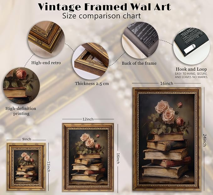 Vintage Gold Framed Retro Floral Books Wall Art Flowers Book Wall Decor Rose and Books Painting Pictures Retro Literary Pictures Artwork for study Gallery Living Room Bedroom 12X16in
