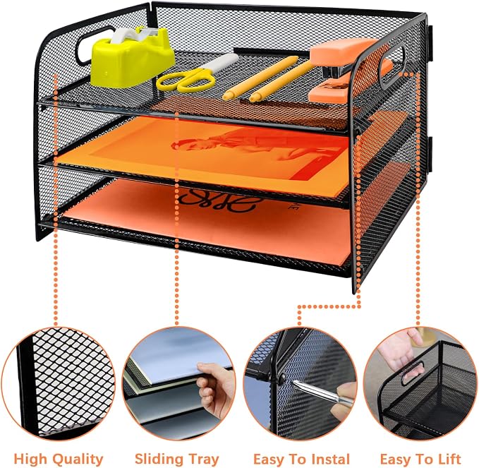 3 Tier Letter Tray Paper Organizer with Handle Desk Paper Organizer Tray, Desktop File Folder sorter Holder for Home Office School