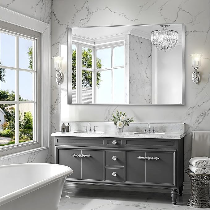 CIRCUMI Silver Bathroom Mirror, 40"x60" Rectangular Mirror with Deep Metal Frame, Brushed Finish, Tempered Glass, Large Mirror for Wall, Over 2 Sinks, Installed Vertically/Horizontally, Crystal-Clear
