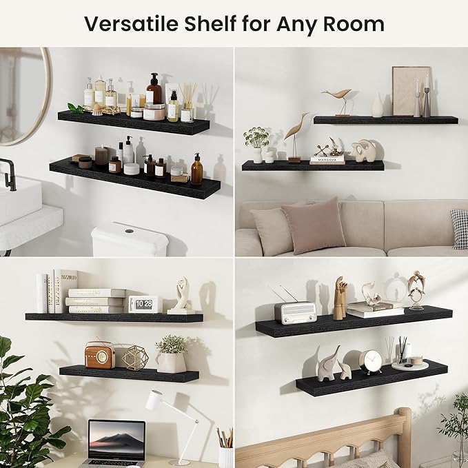 Fun Memories Floating Shelves for Wall, Rustic Wood Wall Mounted Shelves for Bathroom, Bedroom, Living Room & Kitchen, Storage Display Shelves, (Set of 2, Black, 66 in)