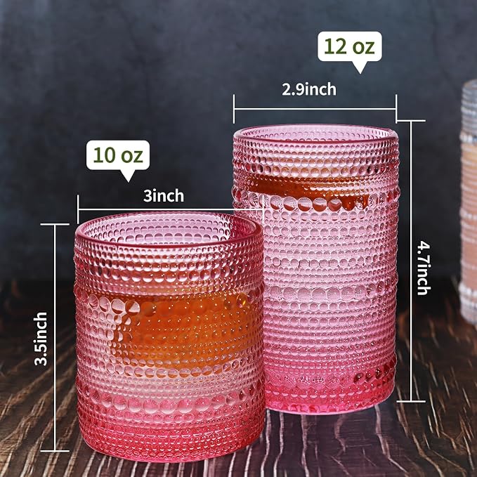Vintage Hobnail Driinking Glasses Set, Glassware Drinking Set of 8, 12 oz Highball Glasses & 10 oz Cocktail Glasses, Tumbler Glasses for Cocktails, Whiskey, Juice, Milk