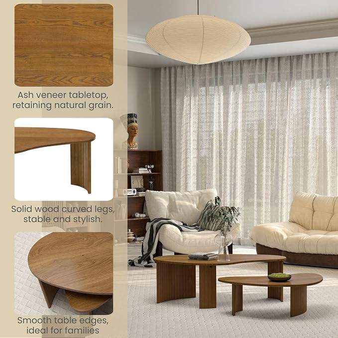 Mid Century Modern Nesting Coffee Tables Set of 2 – Walnut Ash Veneer with Fluted Solid Wood Legs, Mango-Shaped End Tables for Living Room, Farmhouse & Contemporary Style