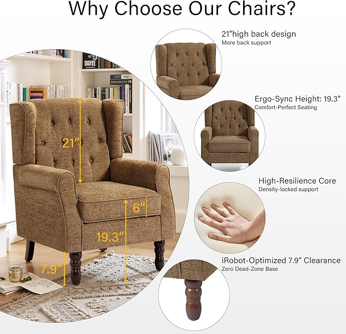 Lumibee High Back Accent Chair Set of 2,Upholstered Wingback Armchair with Solid Wood Legs for Small Spaces,Comfy Single Sofa Chair for Living Room,Bedroom,Office-Brown