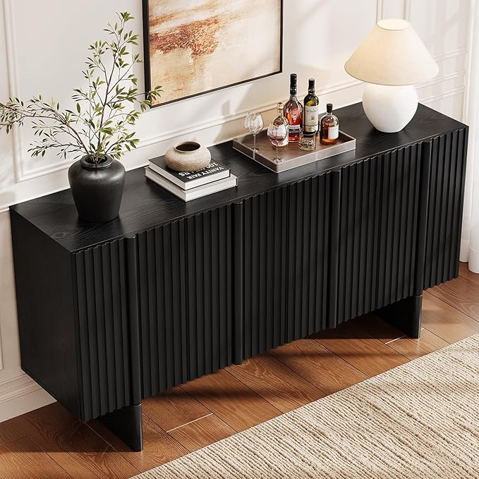 ONBRILL 63" Fluted Sideboard Buffet Cabinet with Storage, Large Sideboard Cabinet with Adjustable Shelves, Modern Credenza with 4 Doors, Kitchen Cabinets for Living Room, Entryway (Black)