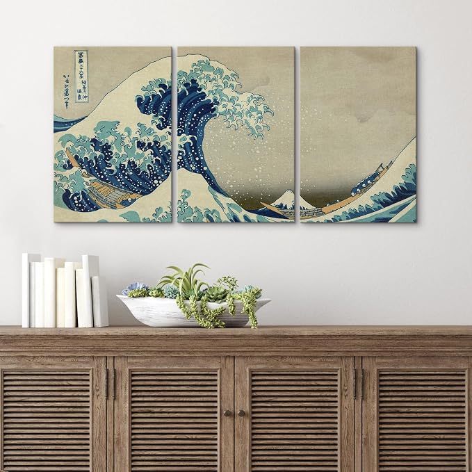 wall26 Canvas Print Wall Art Set The Great Wave Off Kanagawa by Hokusai Cultural Historic Oil Painting Fine Art Reproduction Scenic Colorful for Living Room, Bedroom, Office - 16"x24" x 3 Panels