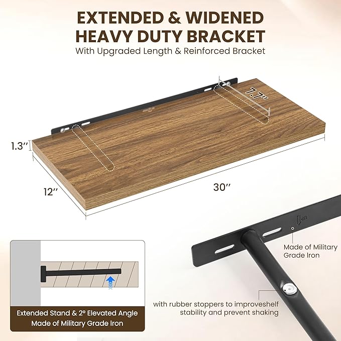 Dreamland 30" Floating Shelves for Wall, 12" Deep Slim Walnut Floating Shelves, Wall-Mounted Shelves for Bedroom, Living Room, Kitchen, Bathroom - Set of 2