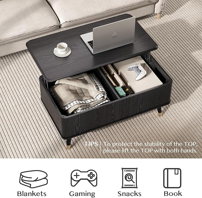 Lift Top Coffee Table with Storage, Mid Century Modern Rectangular Center Table, Fluted Design with Hidden Compartment, Rising Desk for Work from Home, Living Room Furniture, Black Finish