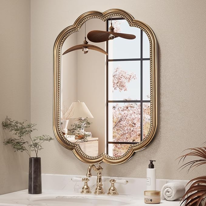 Antique Gold Mirror, 20" x 36" Vintage Bathroom Mirror for Over Sink, Brass Bronze Scalloped wall Mirrors for Vanity, Bedroom, Fireplace, Entryway, Hangs Horizontally or Vertically