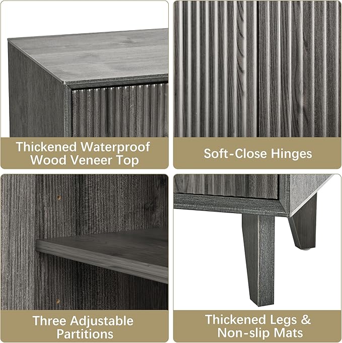 Fluted Cabinet with Storage, Buffet Storage with 4 Doors, Buffet Sideboard Accent Cabinet with Adjustable Shelves for Living Room, Kitchen, Entry, Hallway, Black&Grey