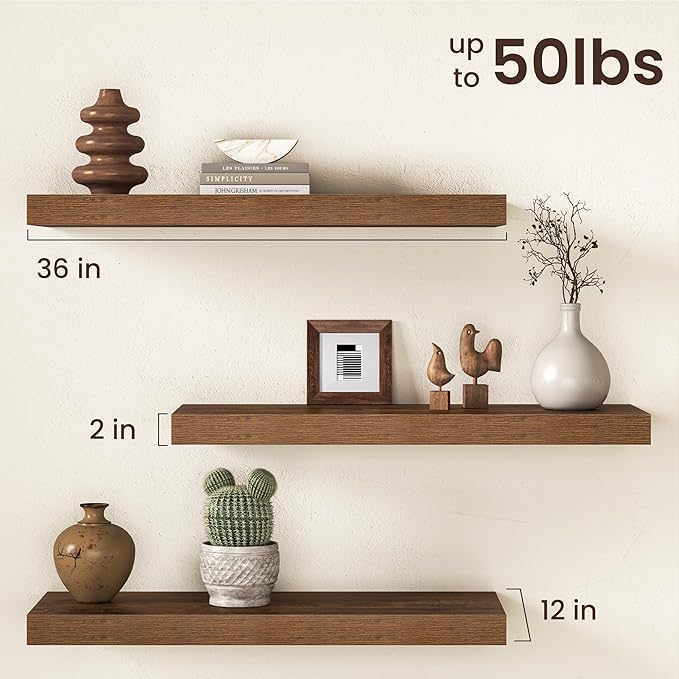 36Inch Floating Shelves for Wall, 12 Inch Deep Shelves for Bedroom, Kitchen, Bathroom Wall Mounted, Rustic Wood Floating Shelf with Invisible Brackets for Books, Storage, Decor, Rustic Brown, 2 Packs