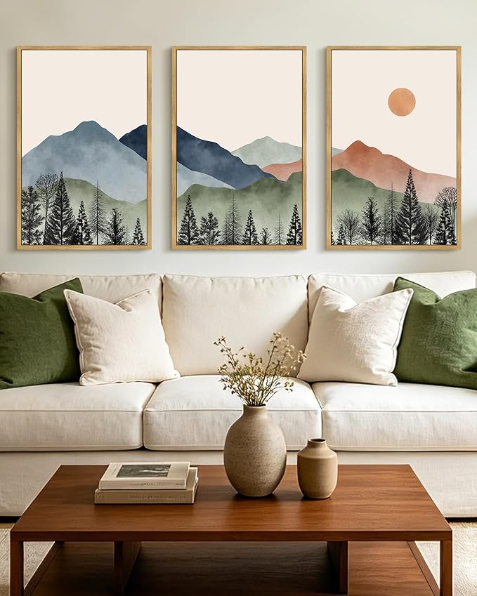 KUVIOKE Mountain Landscape Framed Wall Art Watercolor Nature Painting Boho Sun Rise Prints Farmhouse Rustic Room Decor Ready to Hang 16x24in (Natural Framed)