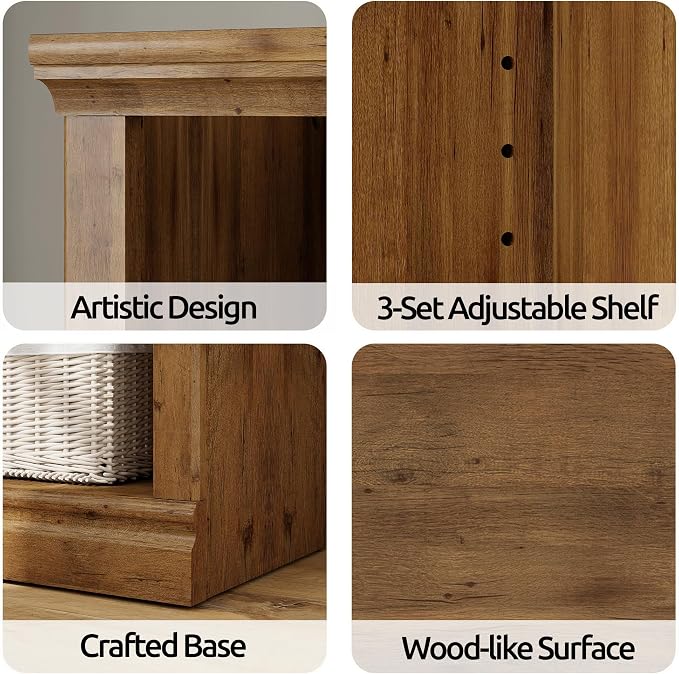 Double Wide Open Shelf Bookcase - 2 Tiers 4 Storage Cube Adjustable Space Book Case, Display Cabinet Organizer with Bookshelf, 64.8 inch Width Indoor Furniture for Home Library Office, Vintage Oak
