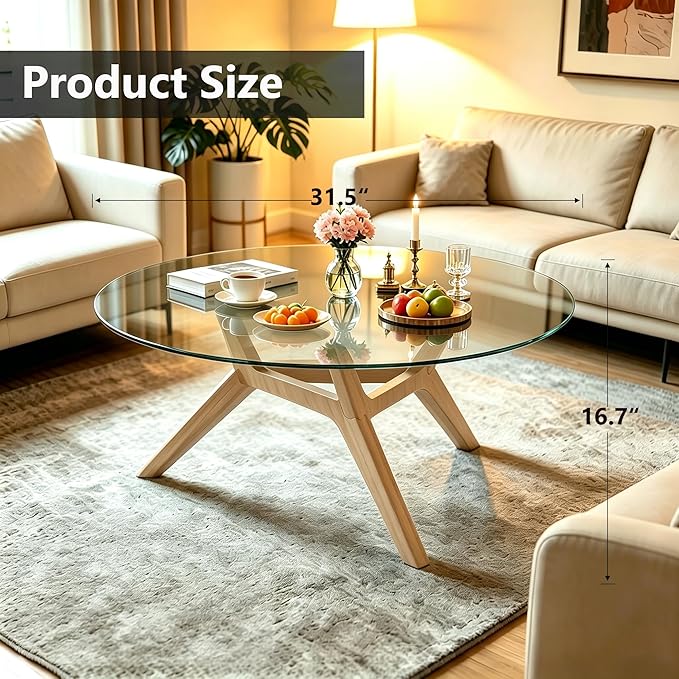 Glass Coffee Table - Round Coffee Table with Clear Tempered Glass Top, Modern Low Minimalist Center Table, Sturdy Solid Wood Coffee Table for Living Room Home Office, Wood