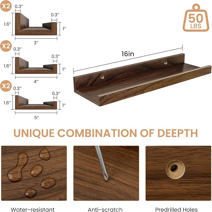 Floating Shelves Set of 6, 16 Inch Picture Ledge Shelf with Lip for Wall, Wall Mounted Display Shelf for Living Room, Bedroom, Nursery, Bathroom, Kitchen, Walnut
