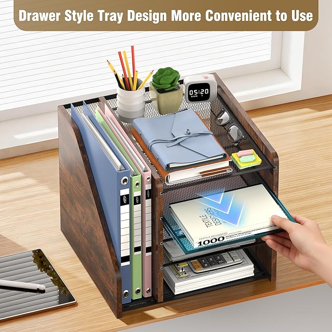 Desktop Storage with File Rack, 5-Layer Paper Letter Tray Storage, mesh Desktop Storage, and Storage Device with Office Supplies and Magazine Rack-Wood Grain