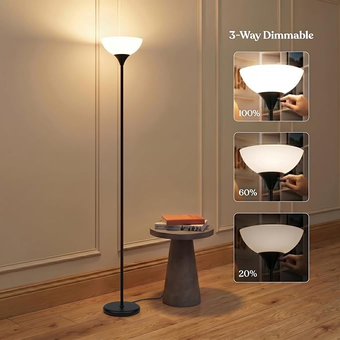 Brightech Sky Dome Dimmable LED Floor Lamp, Torchiere Floor Lamp for Living Room, Bedroom, & Office – Tall Torch Standing Lamp for Reading, Modern Home Decor – Jet Black