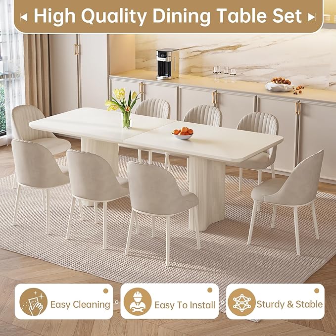 9-Piece Modern Dining Set, 78.97" Dining Table Set for 8, Rectangular Kitchen Table with 8 Chairs, White Dining Room Tables Dinner Tables for 4-8 Person