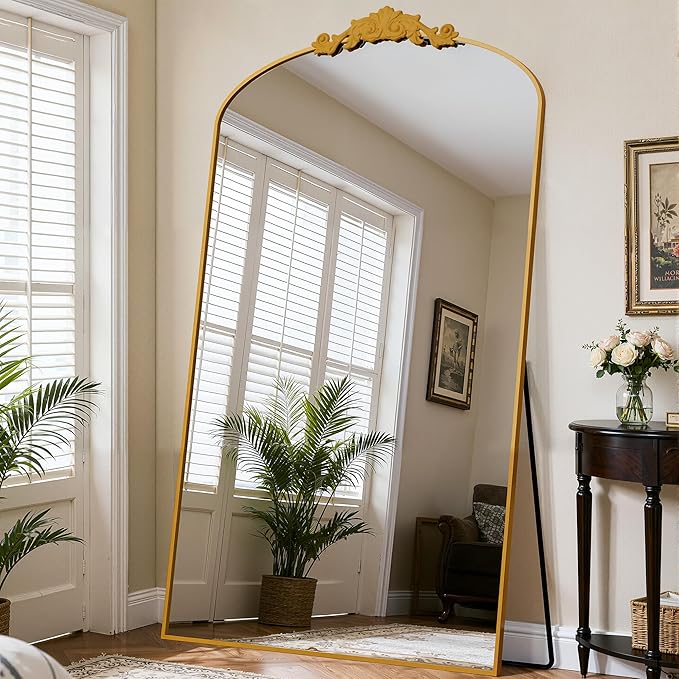 Antok Arched Full Length Mirror, 72"x44" Floor Mirror with Carved, Full Body Mirrors for HomeDecor, Standing/Halling Large Wall Mirror for Bedroom, Living Room, Cloakroom, Gold, Retro Style