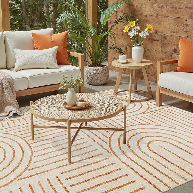 DCX Abstract Machine Washable 5x7 Rug, Orange Modern Accent Rug for Living Room, Soft Low Pile Non Slip Carpet, Kid & Pet Friendly Stain Resistant Rug for Bedroom Dining Room Office